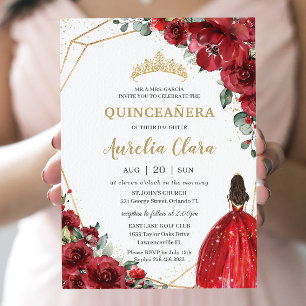 Convites Chic Quinceañera Rosas vermelhas Flores Princesa F