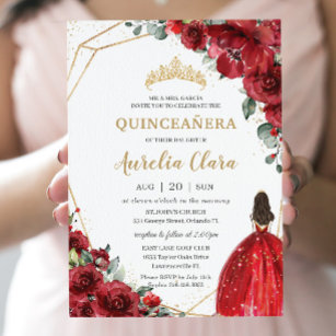 Convites Chic Quinceañera Rosas vermelhas Flores Princesa F