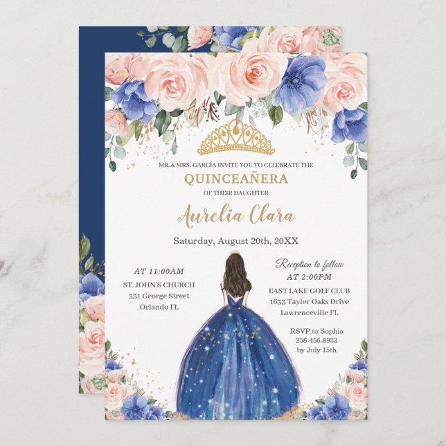 Convites Chic Quinceañera Royal Blue Blush Princesa Floral (Frente/Verso)