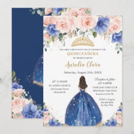 Convites Chic Quinceañera Royal Blue Blush Princesa Floral