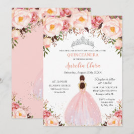 Convites Chic Quinceañera Soft Blush Princesa Floral Prata