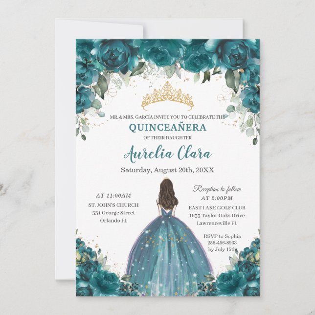 Convites Chic Quinceañera Teal Cyan Floral Princess Crown (Frente)