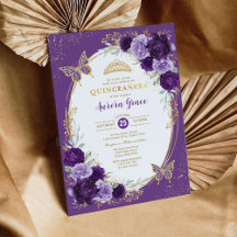 Chic Quinceañera Violet Flor Borboleta Dourada
