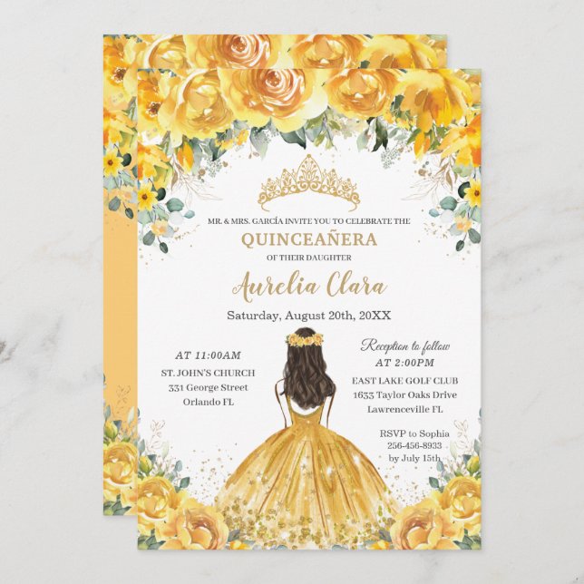 Convites Chic Quinceañera Yellow Floral Princess Birday (Frente/Verso)