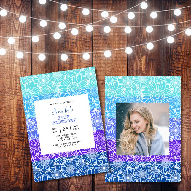 Convites Chic Rainbow Blue Stripes Foto Floral Aniversário (Criador carregado)