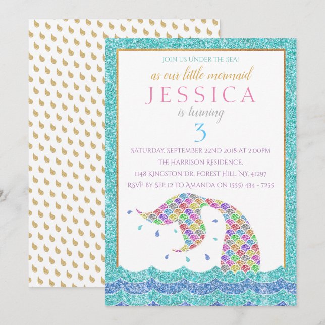 Convites Chic Rainbow Glitter Sereia Qualquer Idade Anivers (Frente/Verso)