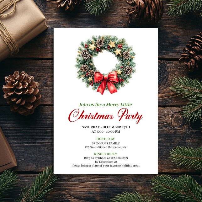 Convites Chic Red Green Pine Wreath Christmas Party Card (Chic Red Green Pine Wreath Christmas Party Card)