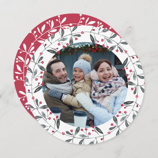 Convites Chic Red & Green Watercolor Holly Christmas Wreath (Frente/Verso)