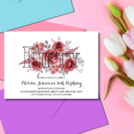 Convites Chic Red Maroon Greenery Floral 50º Aniversário