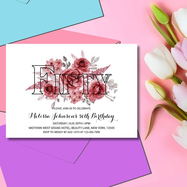 Convites Chic Red Maroon Greenery Floral 50º Aniversário (Criador carregado)