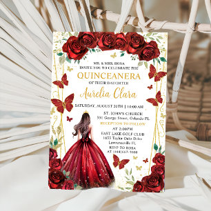 Convites Chic Red Roses Princesa Floral Quinceañera