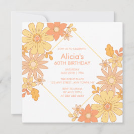 Convites Chic Retro Hippie Orange Peach Flora 60º Aniversár