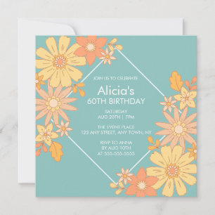 Convites Chic Retro Orange Peach Flora Green 60º aniversári