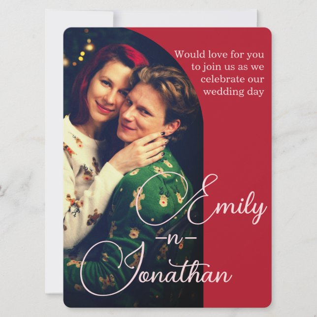Convites Chic Romantic Deep Red Split Photo QR Wedding (Frente)