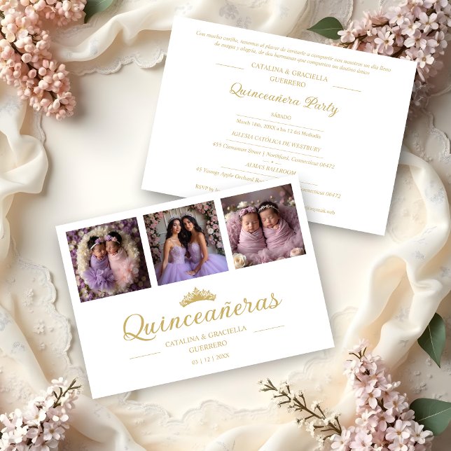 Convites Chic Romantic Then & Now 3-Photo Twins Quinceañera (Spanish Chic Romantic Then & Now 3-Photo Twins Double Quinceañeras Celebration Invitation Cards.)