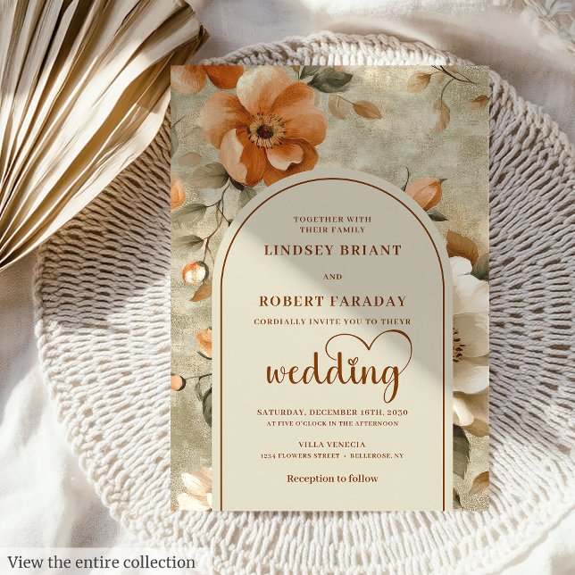 Convites Chic Romântico Boho Laranja Queimado Marfim Sage C (Romantic Boho Burnt Orange Ivory Sage Wedding Invitation)