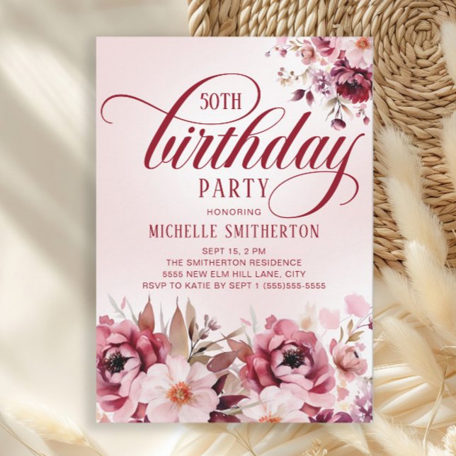 Convites Chic Rosa Borgonha Floral Glam 50º Aniversário (Burgundy and pink watercolor floral 50th birthday party invitation)