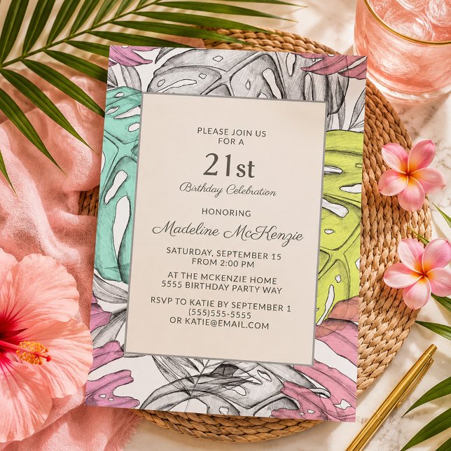 Convites Chic Rosa Botânico Folha de Palma Tropical 21º  (Chic pink, teal, and yellow tropical leaves 21st birthday invitation)