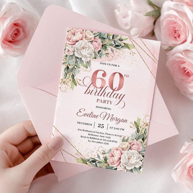 Convites Chic Rosa Dourado Blush Rosa Floral 60º Aniversári (Chic Rose Gold Blush Pink Floral 60th Birthday Invitation)