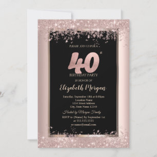 Convites Chic Rosa Dourado Brilho Faíscas 40º Aniversário 