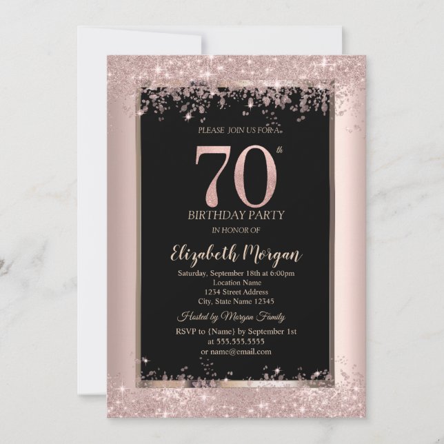 Convites Chic Rosa Dourado Brilho Faíscas 70º Aniversário  (Frente)