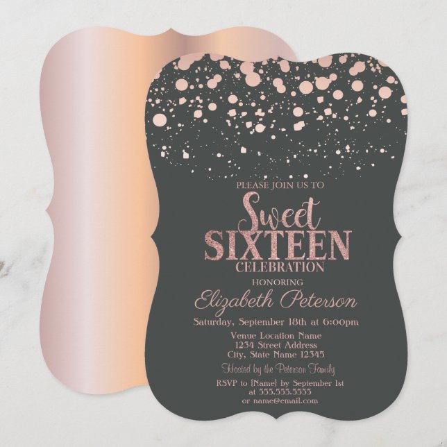 Convites Chic Rosa Dourado Pontos Cinza Sweet 16 (Frente/Verso)