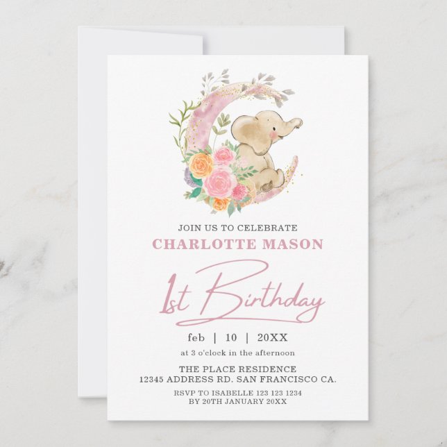 Convites Chic Rosa Floral Lua Menina Elefante 1º Aniversári (Frente)