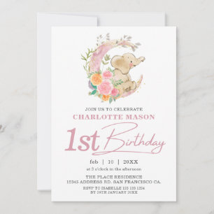 Convites Chic Rosa Floral Lua Menina Elefante 1º Aniversári