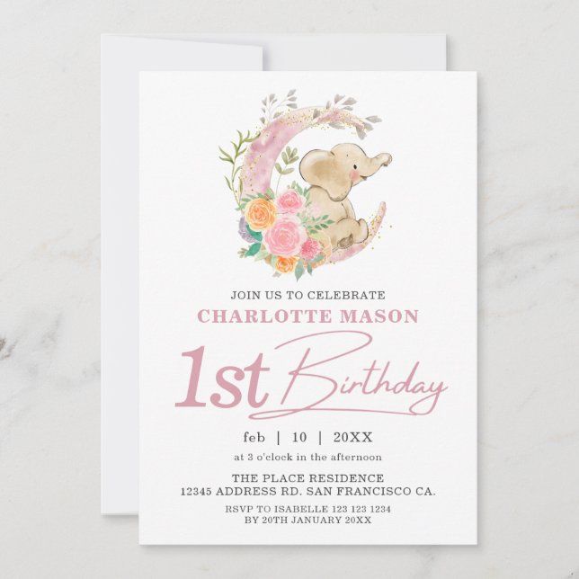 Convites Chic Rosa Floral Lua Menina Elefante 1º Aniversári (Frente)