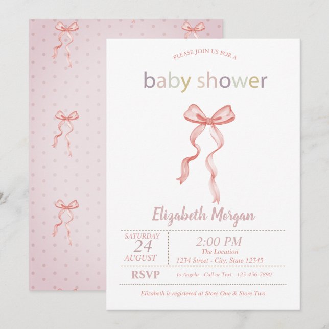 Convites Chic Rosa Laço Pontilhado Baby Shower  (Frente/Verso)
