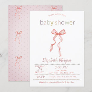Convites Chic Rosa Laço Pontilhado Baby Shower
