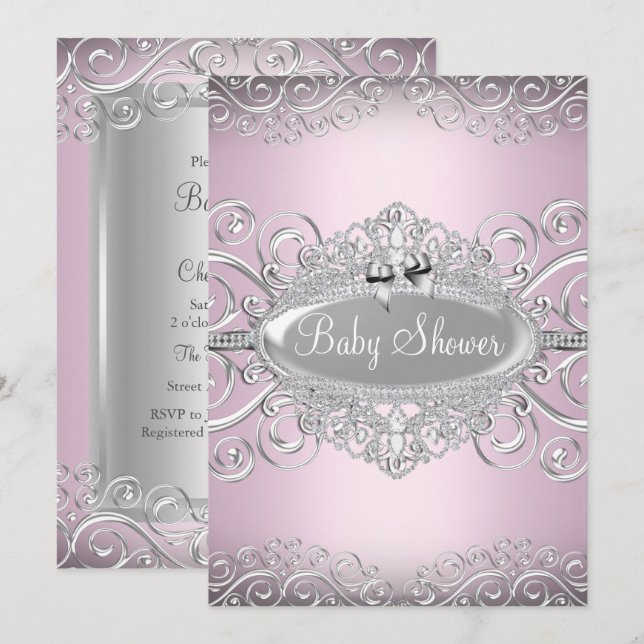 Convites Chic Rosa & Prata Damask Princesa Baby Shower (Frente/Verso)