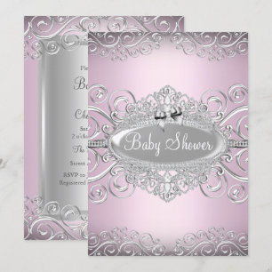 Convites Chic Rosa & Prata Damask Princesa Baby Shower