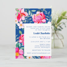 Chic Rosa Quente Azul Floral Bat Mitzvah Água-mari