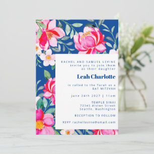 Convites Chic Rosa Quente Azul Floral Bat Mitzvah Aquarela