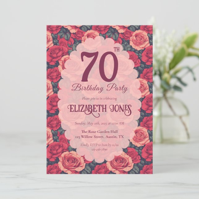 Convites Chic Rose Floral Milestone Birthday (Em pé/Frente)