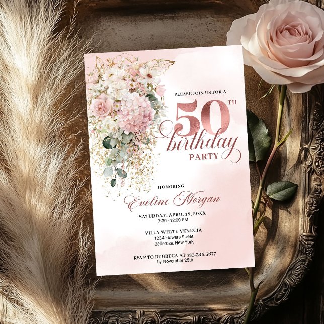 Convites Chic Rose Gold Blush Floral 50th Birthday Invite @ (Chic Rose Gold Blush Floral 50th Birthday Invitation)