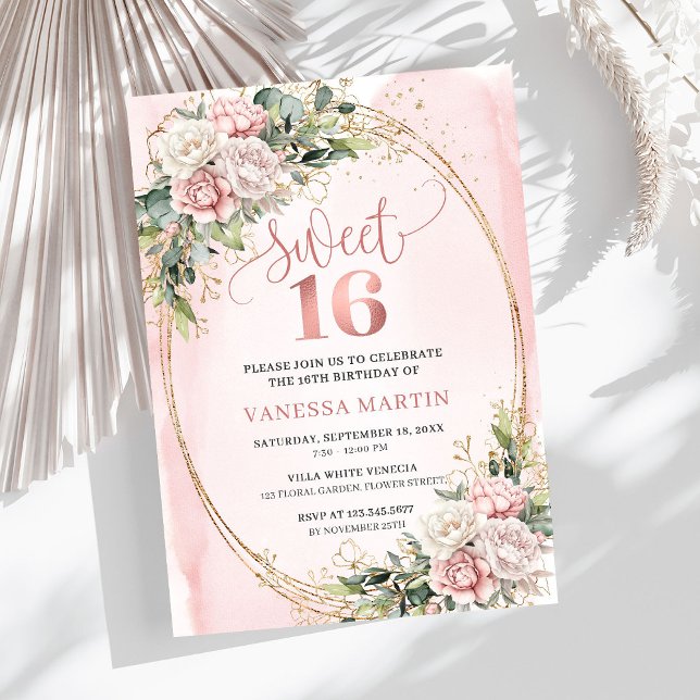 Convites Chic Rose Gold Flowers and Greenery Sweet Sixteen (Rose Gold Flowers and Greenery Sweet Sixteen Invite)
