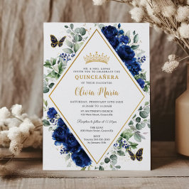 Convites Chic Royal Blue Floral Butterflies Quinceañera