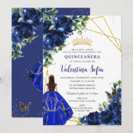Convites Chic Royal Blue Floral Princesa Dourada Quinceañer