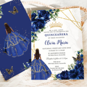 Convites Chic Royal Blue Flowers Brown Princess Quinceañera