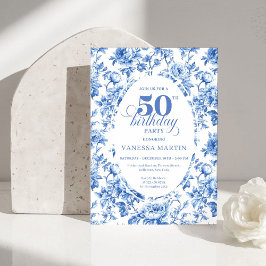 Convites Chic Royal Blue Toile de Jouy 50th Birthday Invite