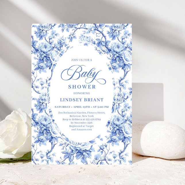 Convites Chic Royal Blue Toile de Jouy Baby Shower Invite (Chic Royal Blue Toile de Jouy Baby Shower Invite)
