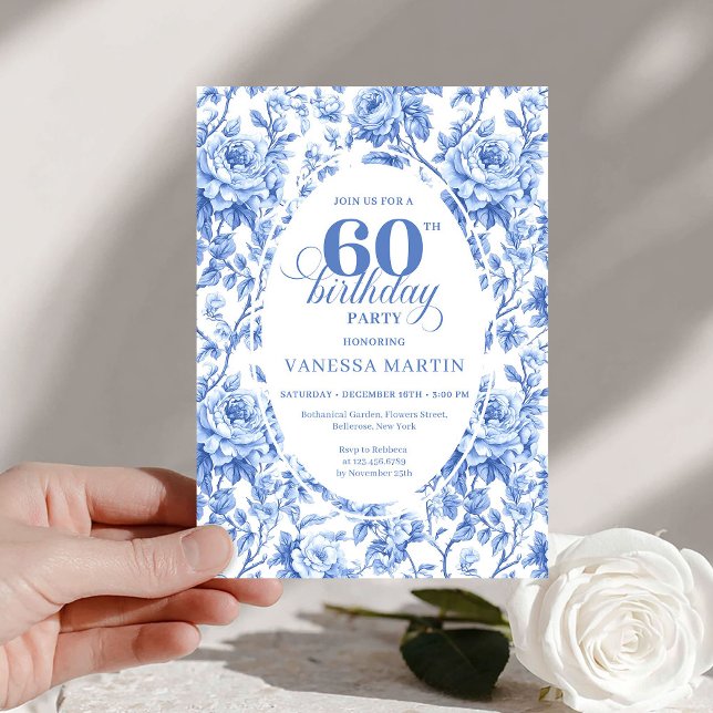 Convites Chic Royal Blue Toile Roses 60th Birthday Invite  (Chic Royal Blue Toile Roses 60th Birthday Invite PDF

)