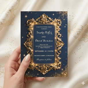 Convites Chic Royal Dourado & Azul-Marinho Luxuoso Casament