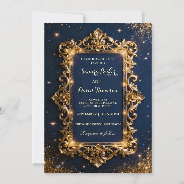 Convites Chic Royal Gold & Navy Blue Luxury Modern Wedding  (Frente)