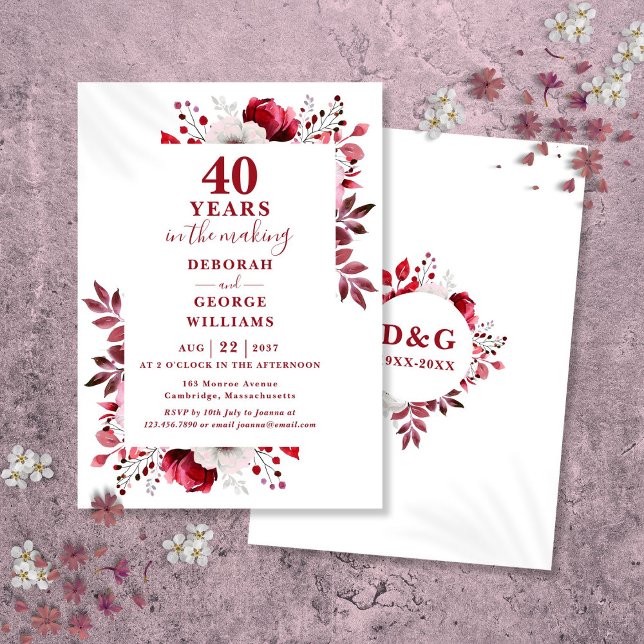 Convites Chic Ruby 40º Aniversário de Casamento Floral (Chic Ruby 40th Wedding Anniversary Floral Invitation)