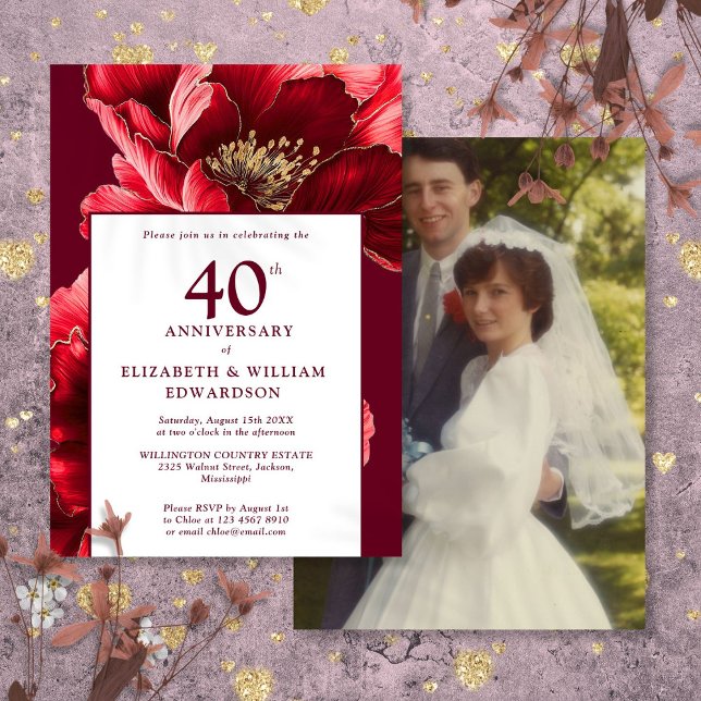 Convites Chic Ruby Red Floral 40º Aniversário Foto (Chic Ruby Red Floral 40th Anniversary Photo Invitation)