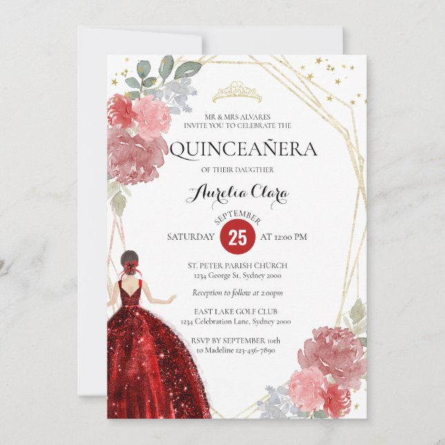 Convites Chic Ruby Red Floral Quinceañera (Frente)