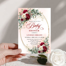 Convites Chic Rustic Burgundy Peony Gold Baby Shower Invite